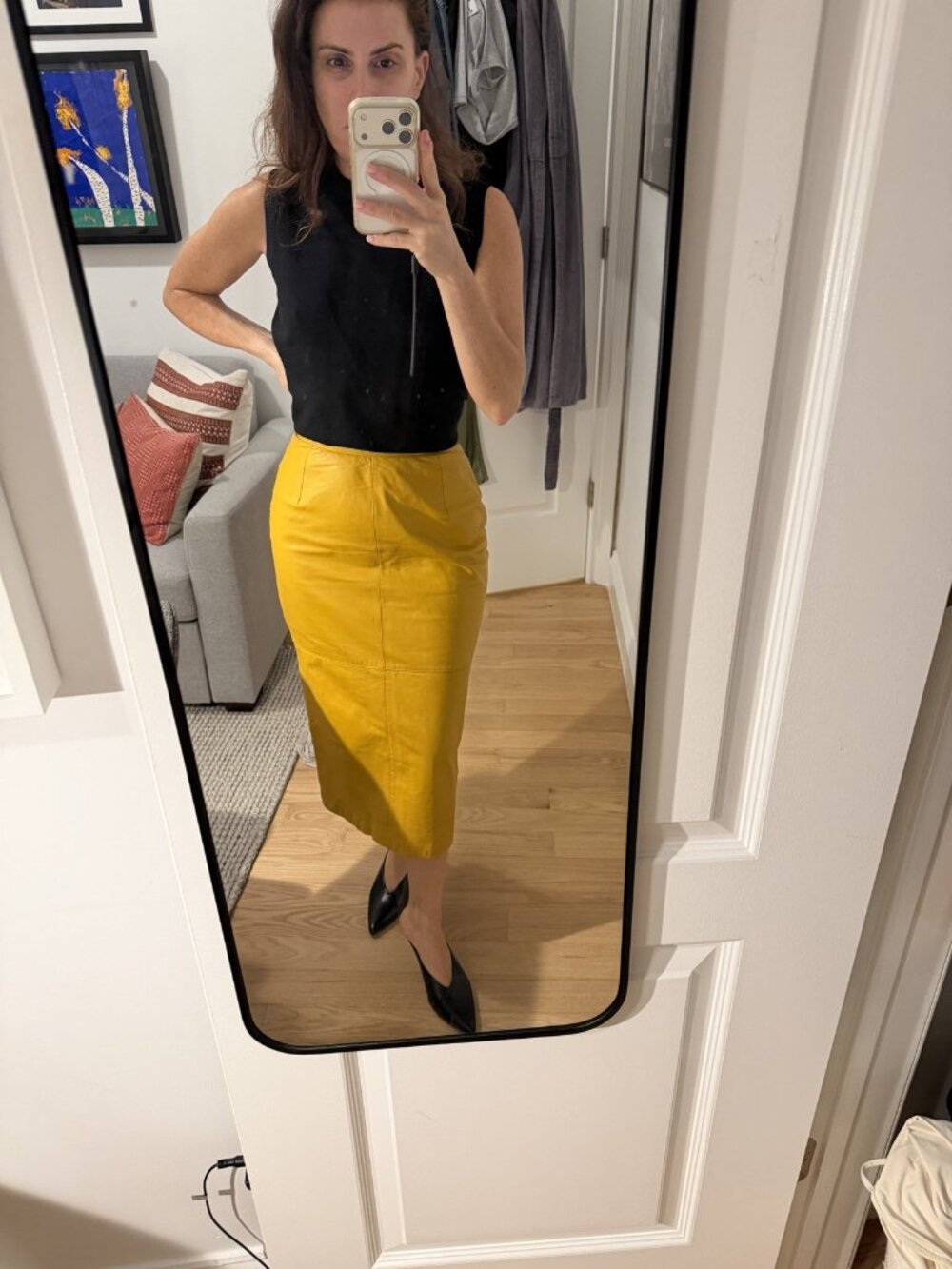 Vintage Mustard Leather Midi Pencil Skirt Fits US 2